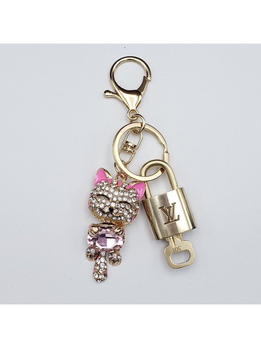 Authentic LV Gold Padlock & Key 🔑 Designer Bag Charm w/ Unbranded Cat Keychain - Picture 6 of 12